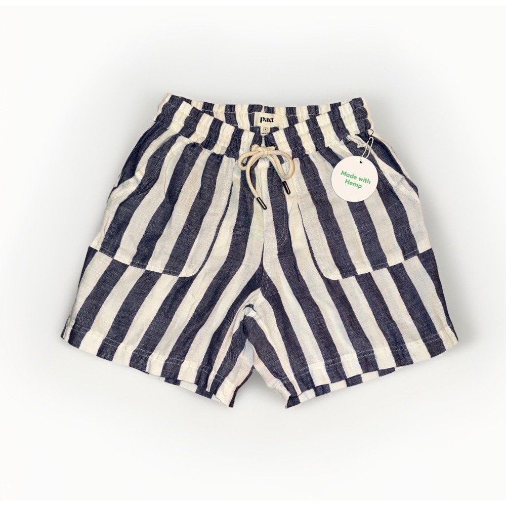PACT Woman's Mariner Blue Stripe Rhea Tabbed Shorts Organic Cotton Hemp Size S